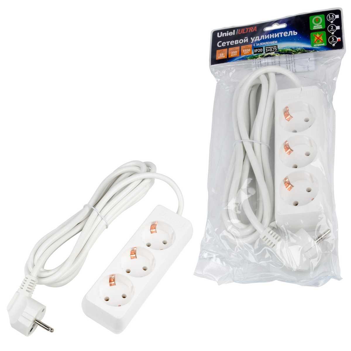 фото удлинитель uniel 3гн х 3м с/з s-gcu3-3 white ul-00010001 | 220svet.ru