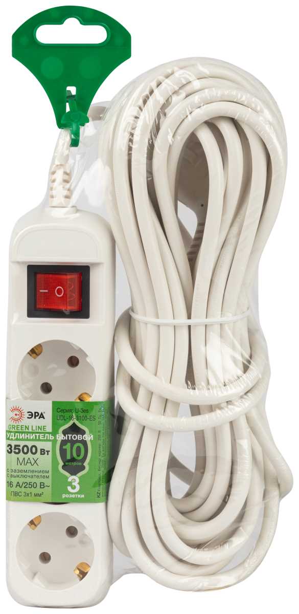 фото удлинитель электрический эра udl-16-3100-es greenline 3 розетки с заземлением с выключателем 10м пвс 3x1мм2 б0065040 | 220svet.ru