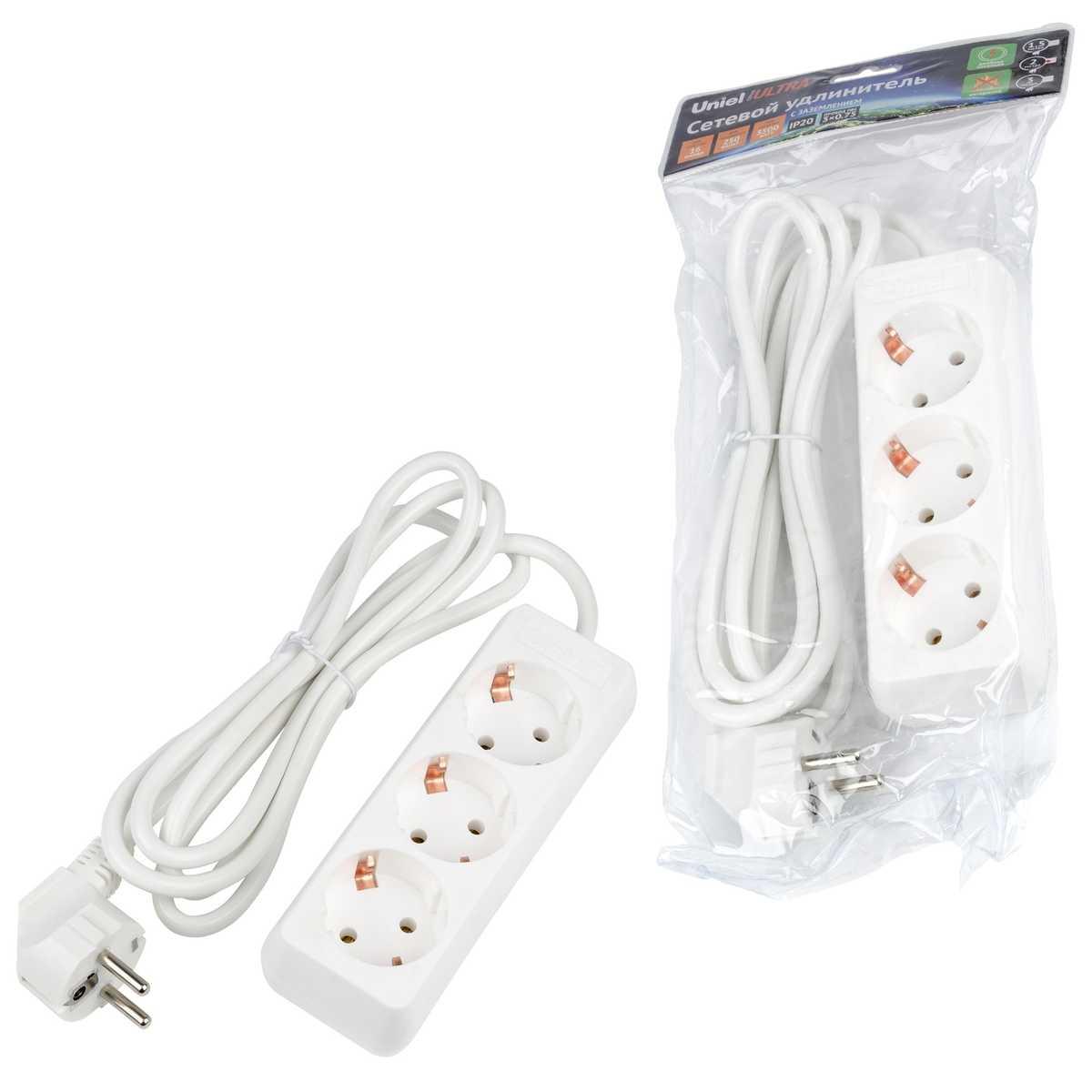 фото удлинитель uniel ultra 3гн х 2м с/з s-gcu3-2 white ul-00010000 | 220svet.ru