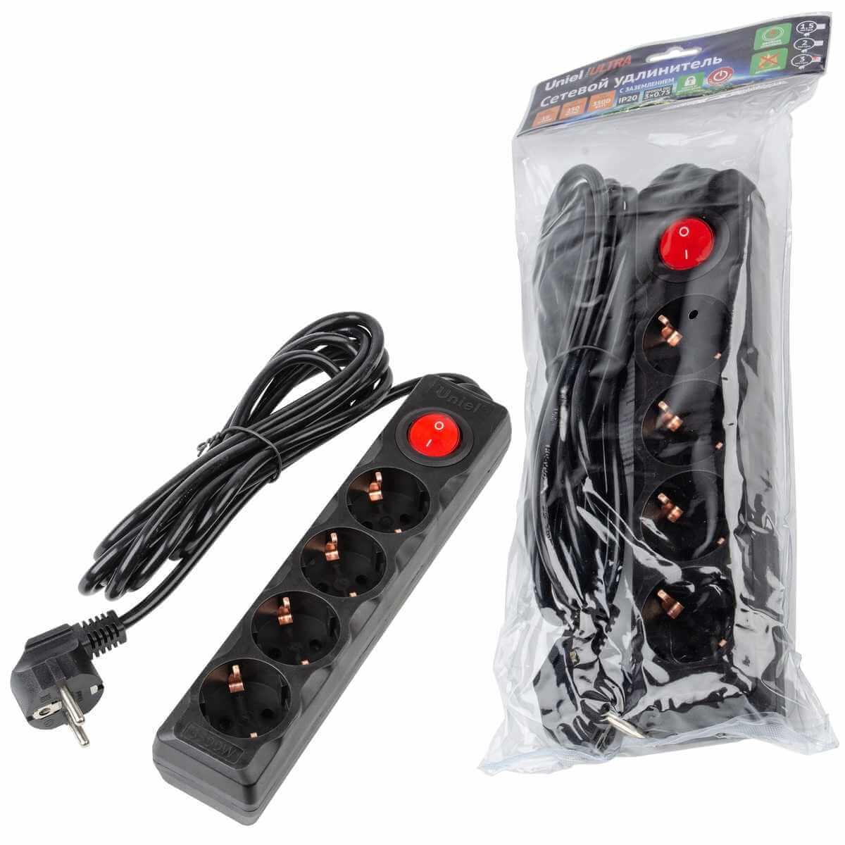 фото удлинитель uniel ultra 4гн х 3м с/з s-gcu4-3b black ul-00010023 | 220svet.ru